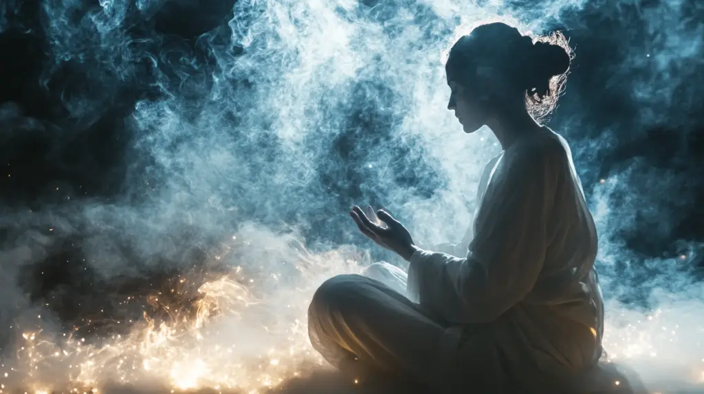 A spiritual guide performing a ritual to remove negative influences and create a protective energy field.