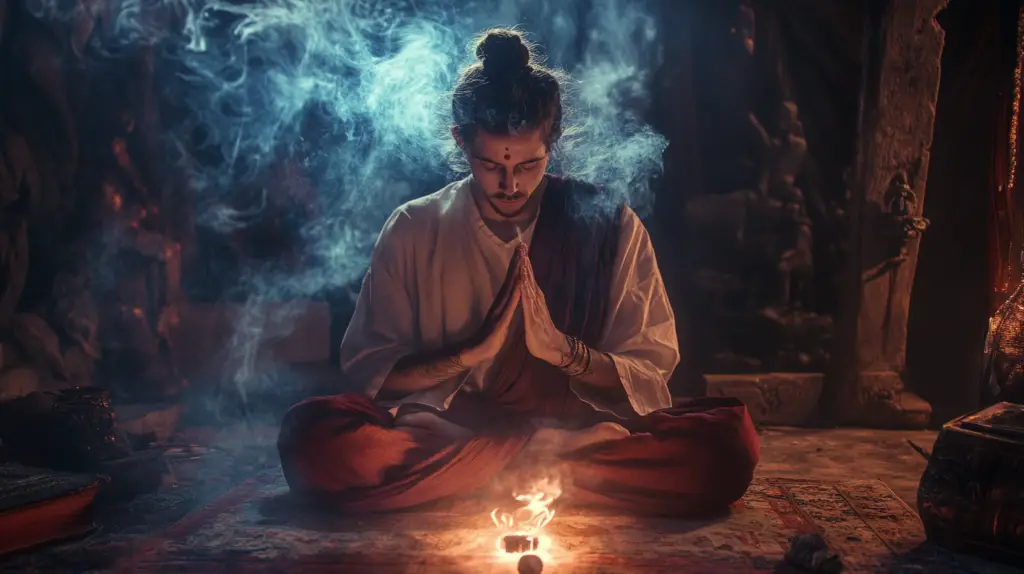 A practitioner using energy cleansing techniques to purify their space and protect from harmful entities.
